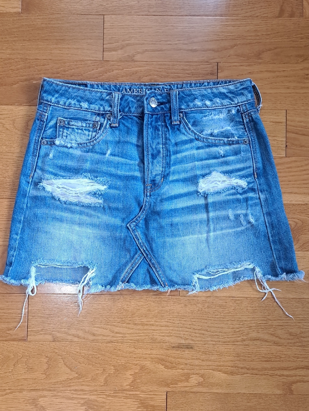 American Eagle Outfitters Light Blue Distressed Denim Mini Skirt